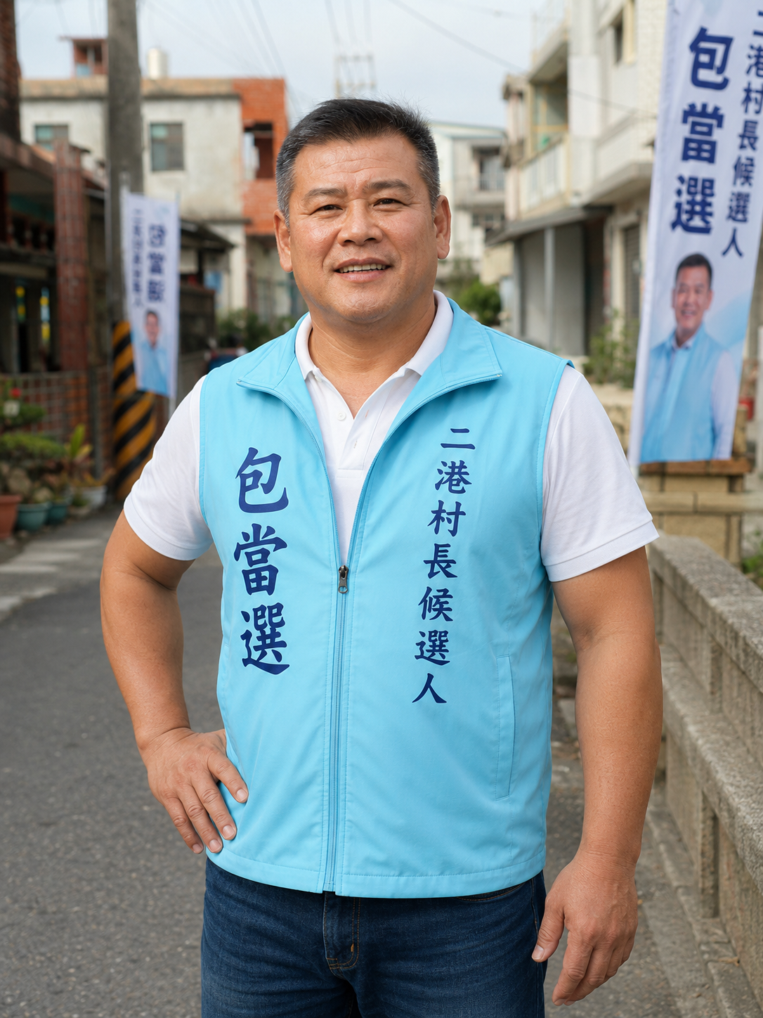 二港村長候選人包當選在村內街道的照片